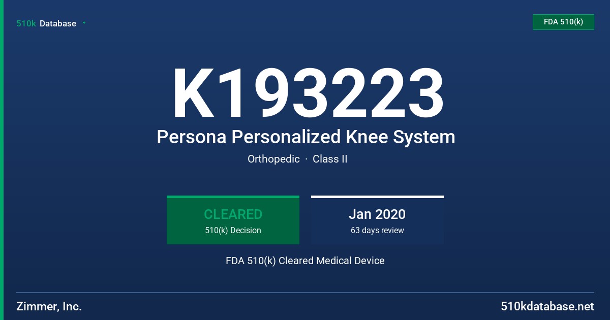 K193223 Persona Personalized Knee System FDA 510(k) Cleared Medical Device