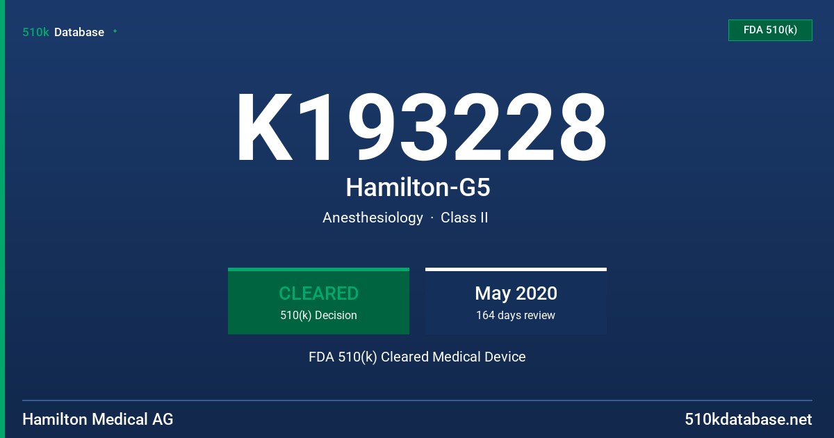 K193228 Hamilton-G5 FDA 510(k) Cleared Medical Device