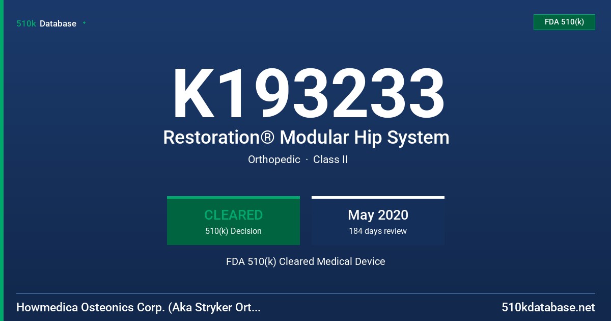 K193233 Restoration® Modular Hip System FDA 510(k) Cleared Medical Device