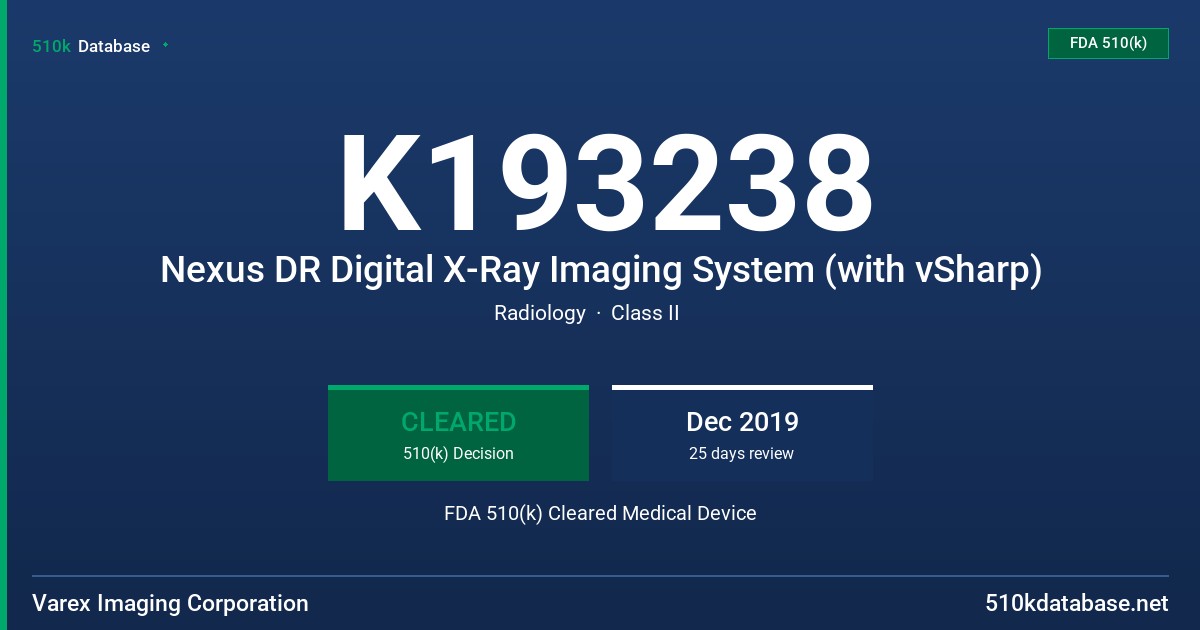 K193238 Nexus DR Digital X-Ray Imaging System (with vSharp) FDA 510(k) Cleared Medical Device