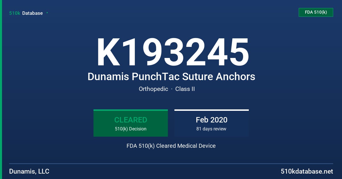K193245 Dunamis PunchTac Suture Anchors FDA 510(k) Cleared Medical Device