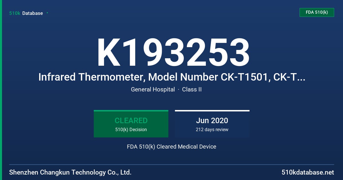 K193253 Infrared Thermometer, Model Number CK-T1501, CK-T1502, CK-T1503 FDA 510(k) Cleared Medical Device