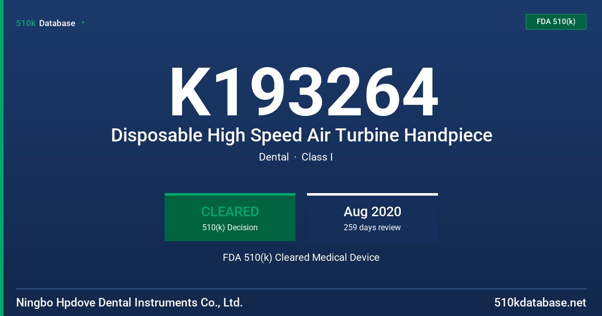 K193264 Disposable High Speed Air Turbine Handpiece FDA 510(k) Cleared Medical Device
