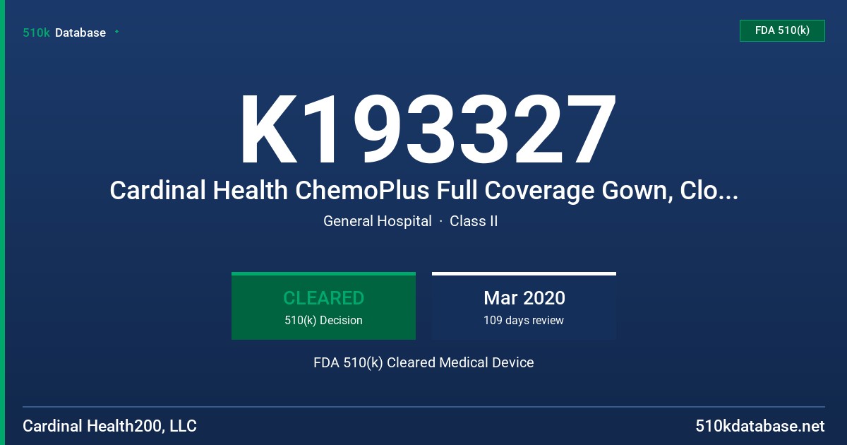 K193327 Cardinal Health ChemoPlus Full Coverage Gown, Closed Back, Cardinal Health ChemoPlus Full Coverage Gown, Open Back, Cardinal Health ChemoPlus Full Coverage Sleeve FDA 510(k) Cleared Medical Device