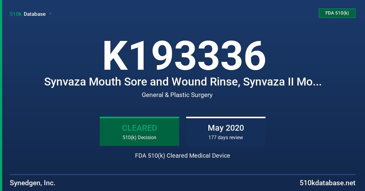 K193336 Synvaza Mouth Sore and Wound Rinse, Synvaza II Mouth Sore and Wound Rinse FDA 510(k) Cleared Medical Device
