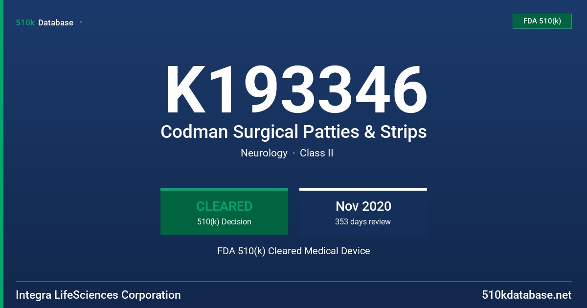 K193346 Codman Surgical Patties & Strips FDA 510(k) Cleared Medical Device