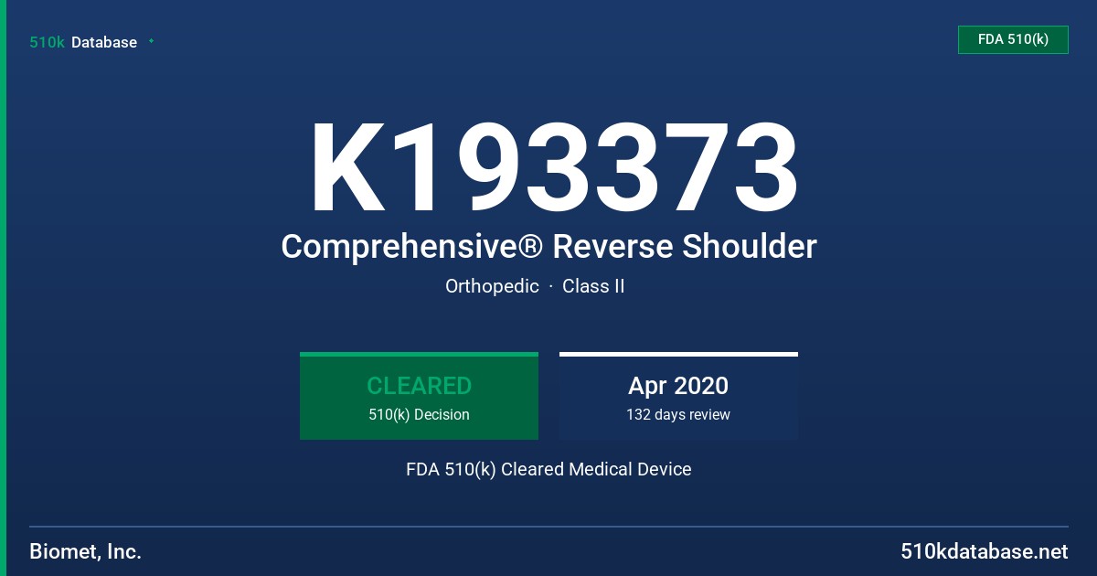 K193373 Comprehensive® Reverse Shoulder FDA 510(k) Cleared Medical Device