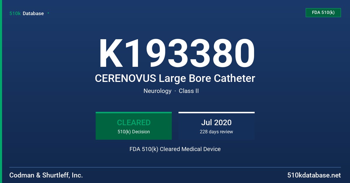 K193380 CERENOVUS Large Bore Catheter FDA 510(k) Cleared Medical Device