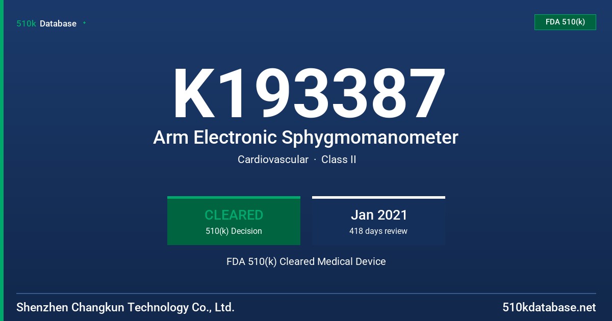 K193387 Arm Electronic Sphygmomanometer FDA 510(k) Cleared Medical Device
