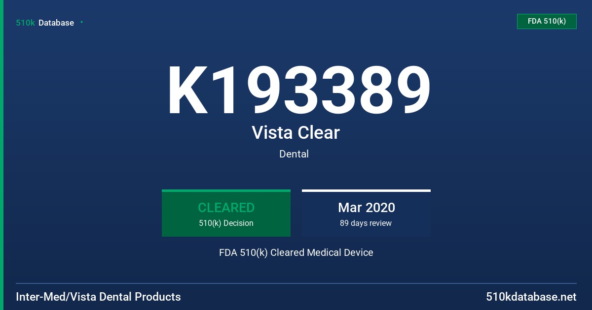K193389 Vista Clear FDA 510(k) Cleared Medical Device