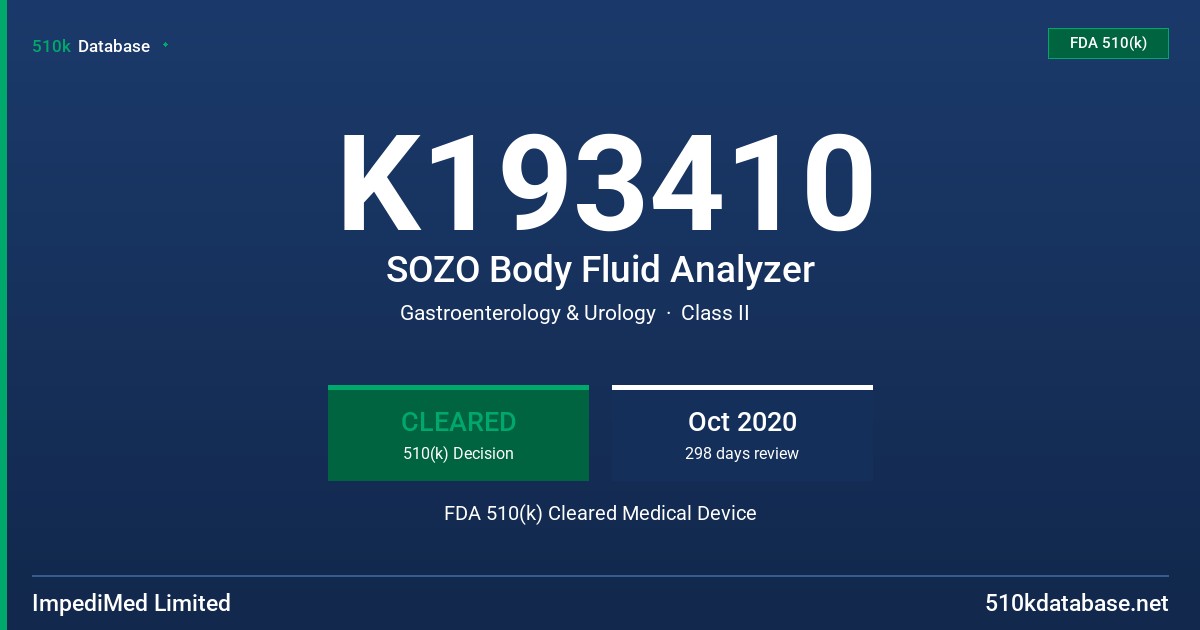 K193410 SOZO Body Fluid Analyzer FDA 510(k) Cleared Medical Device