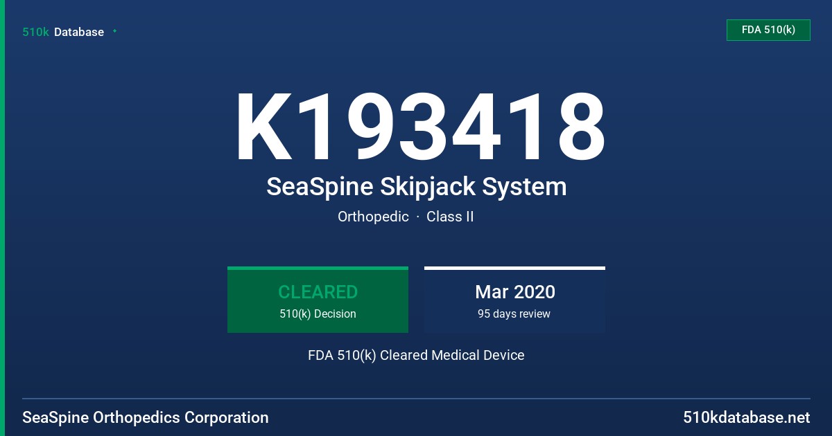 K193418 SeaSpine Skipjack System FDA 510(k) Cleared Medical Device