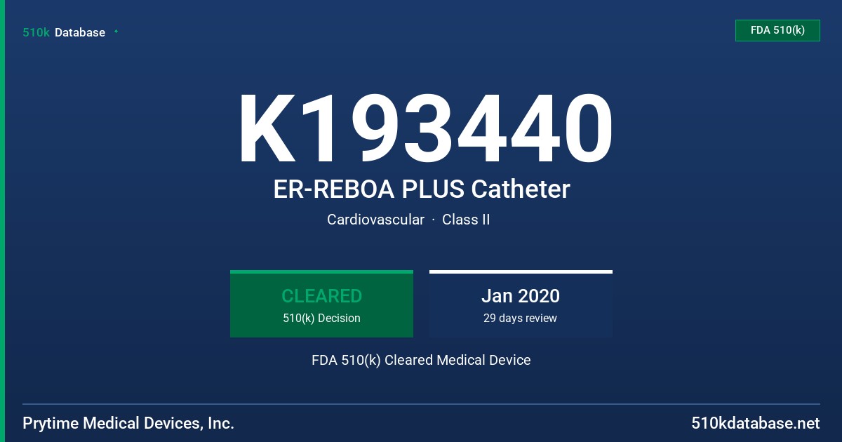 K193440 ER-REBOA PLUS Catheter FDA 510(k) Cleared Medical Device