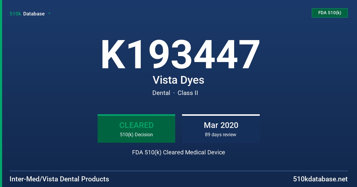 K193447 Vista Dyes FDA 510(k) Cleared Medical Device