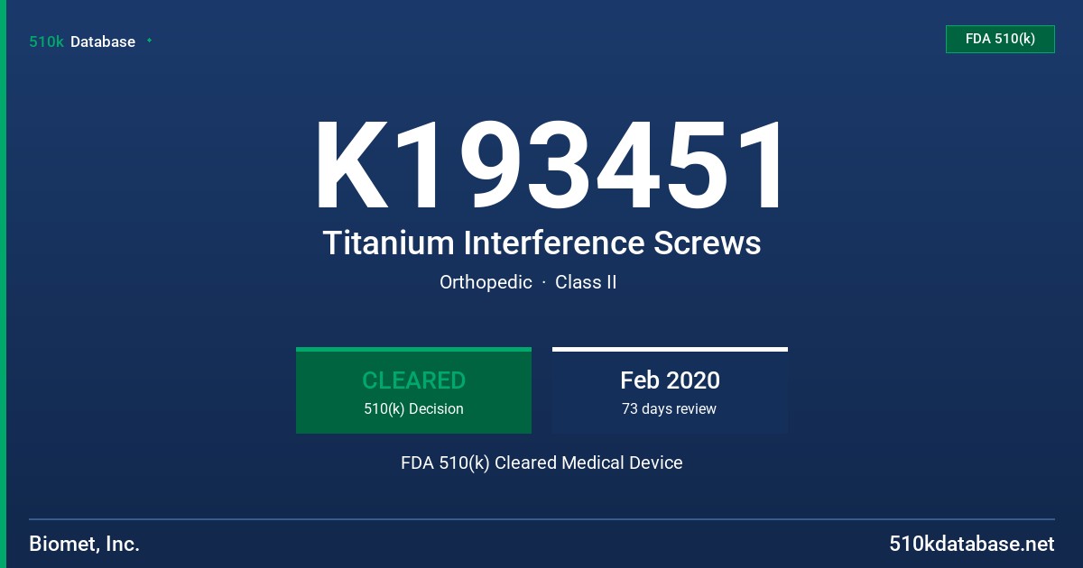 K193451 Titanium Interference Screws FDA 510(k) Cleared Medical Device