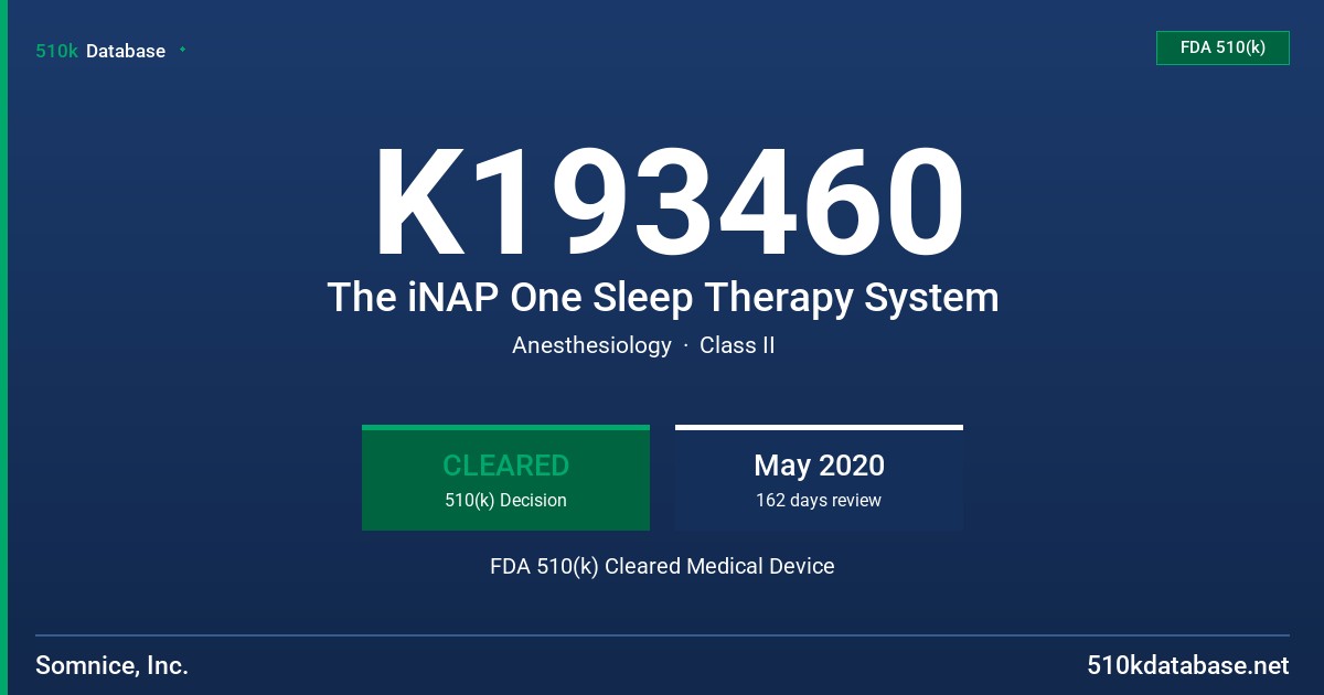 K193460 The iNAP One Sleep Therapy System FDA 510(k) Cleared Medical Device