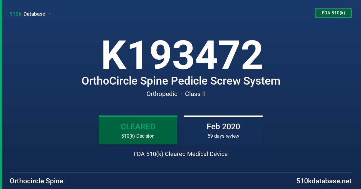 K193472 OrthoCircle Spine Pedicle Screw System FDA 510(k) Cleared Medical Device