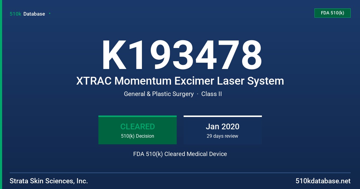 K193478 XTRAC Momentum Excimer Laser System FDA 510(k) Cleared Medical Device