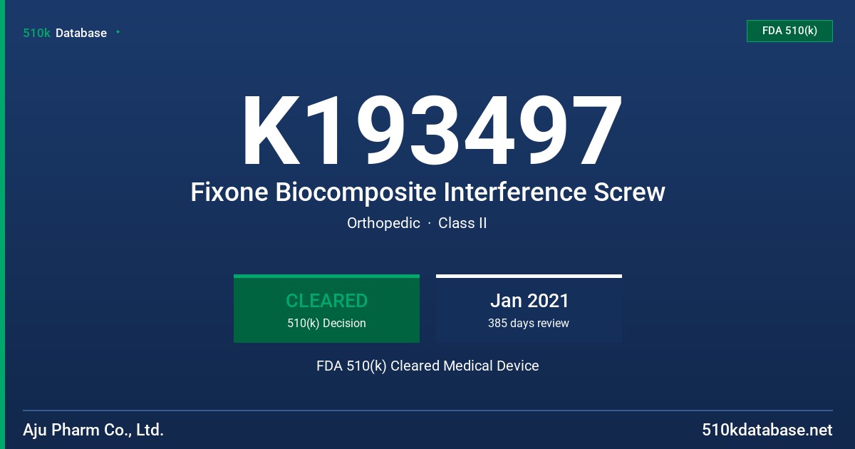 K193497 Fixone Biocomposite Interference Screw FDA 510(k) Cleared Medical Device