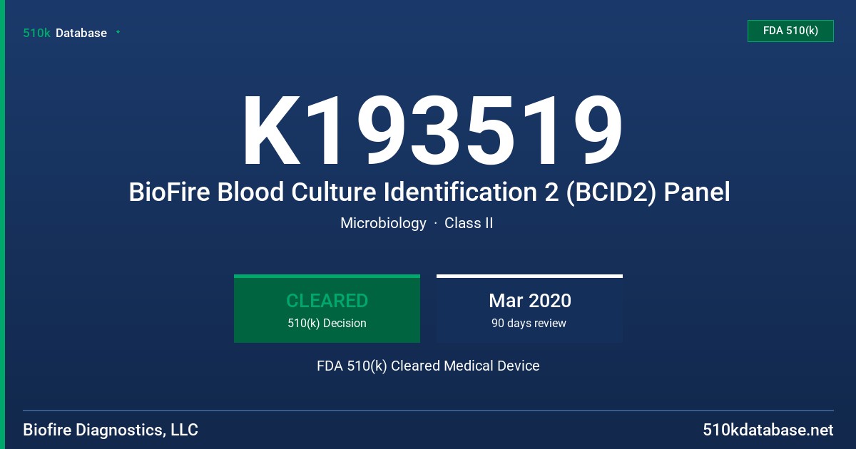 K193519 BioFire Blood Culture Identification 2 (BCID2) Panel FDA 510(k) Cleared Medical Device