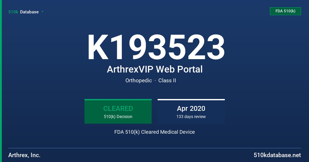 K193523 ArthrexVIP Web Portal FDA 510(k) Cleared Medical Device