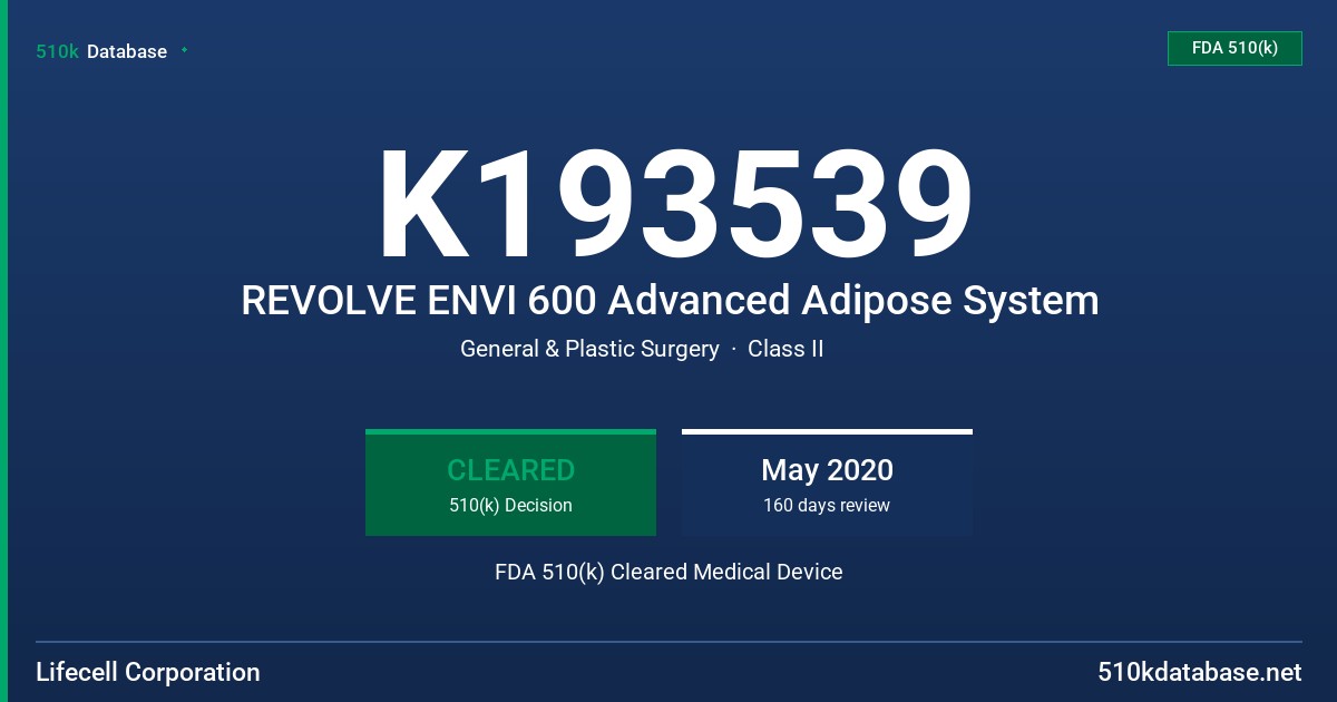 K193539 REVOLVE ENVI 600 Advanced Adipose System FDA 510(k) Cleared Medical Device