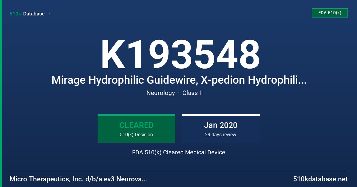 K193548 Mirage Hydrophilic Guidewire, X-pedion Hydrophilic Guidewire FDA 510(k) Cleared Medical Device