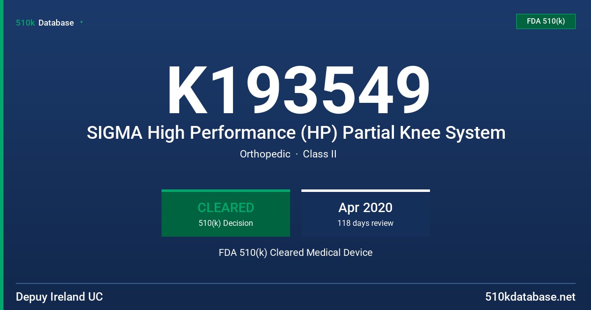 K193549 SIGMA High Performance (HP) Partial Knee System FDA 510(k) Cleared Medical Device