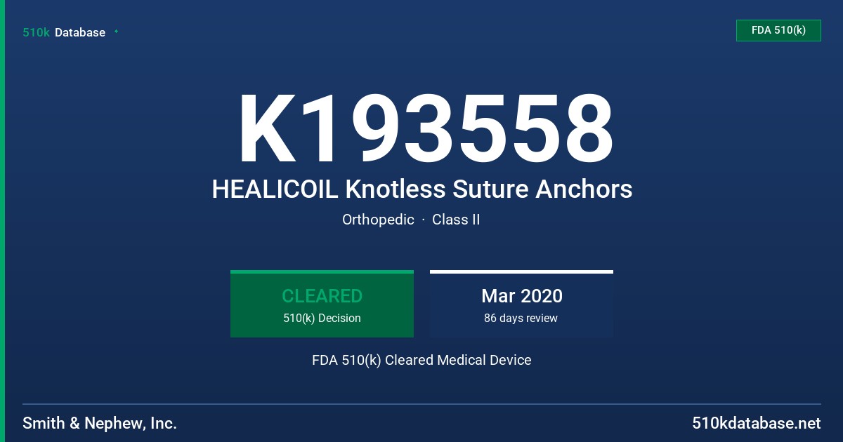 K193558 HEALICOIL Knotless Suture Anchors FDA 510(k) Cleared Medical Device