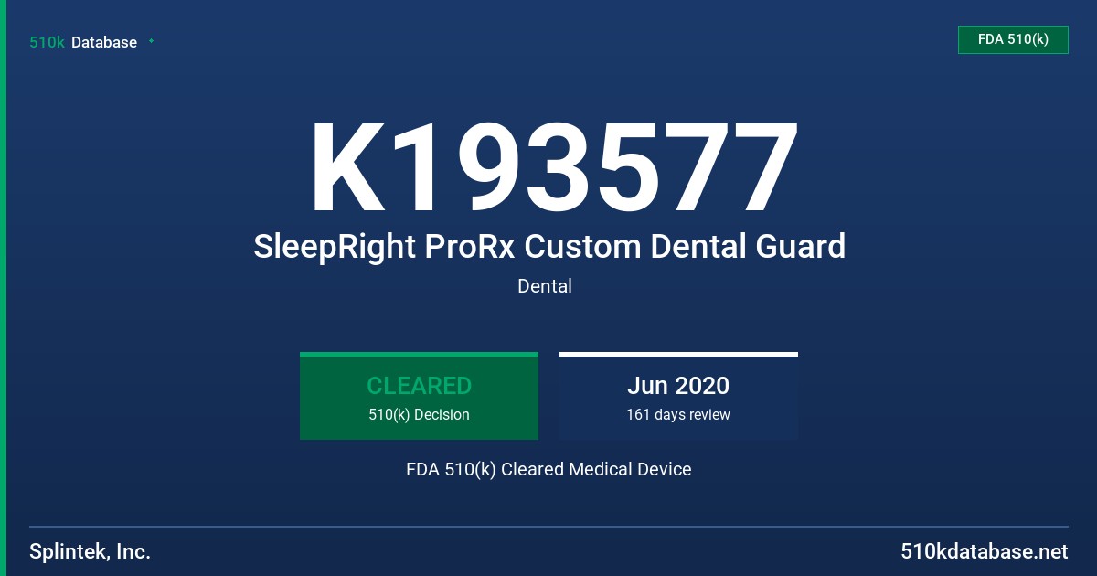 K193577 SleepRight ProRx Custom Dental Guard FDA 510(k) Cleared Medical Device
