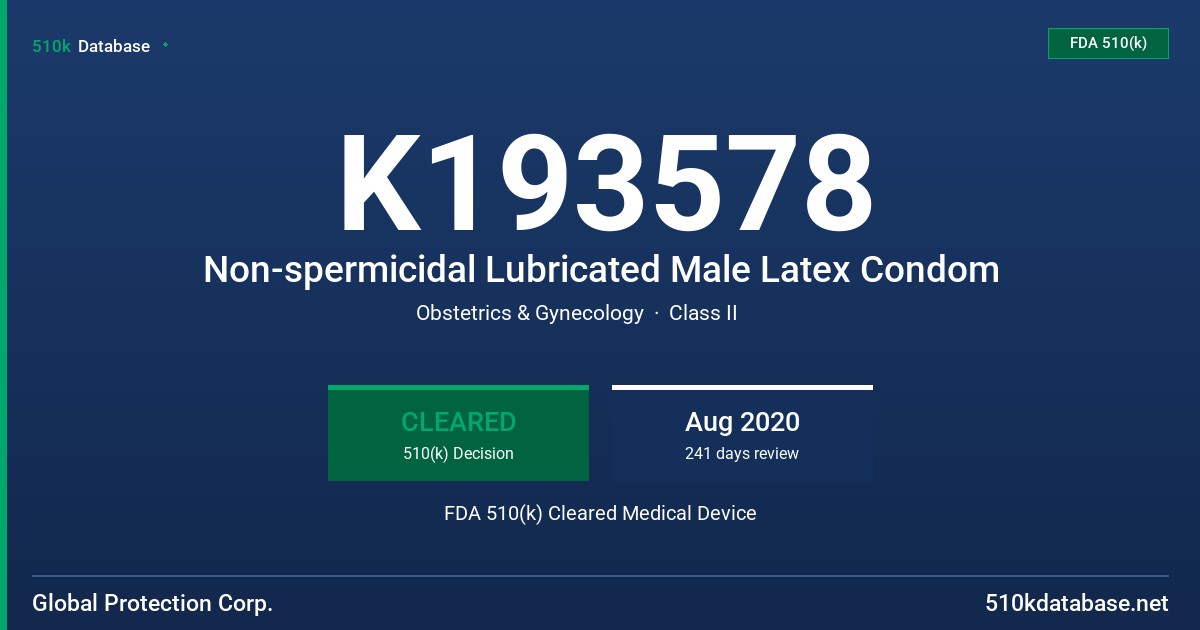 K193578 Non-spermicidal Lubricated Male Latex Condom FDA 510(k) Cleared Medical Device