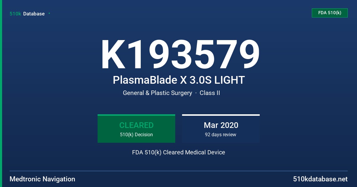 K193579 PlasmaBlade X 3.0S LIGHT FDA 510(k) Cleared Medical Device