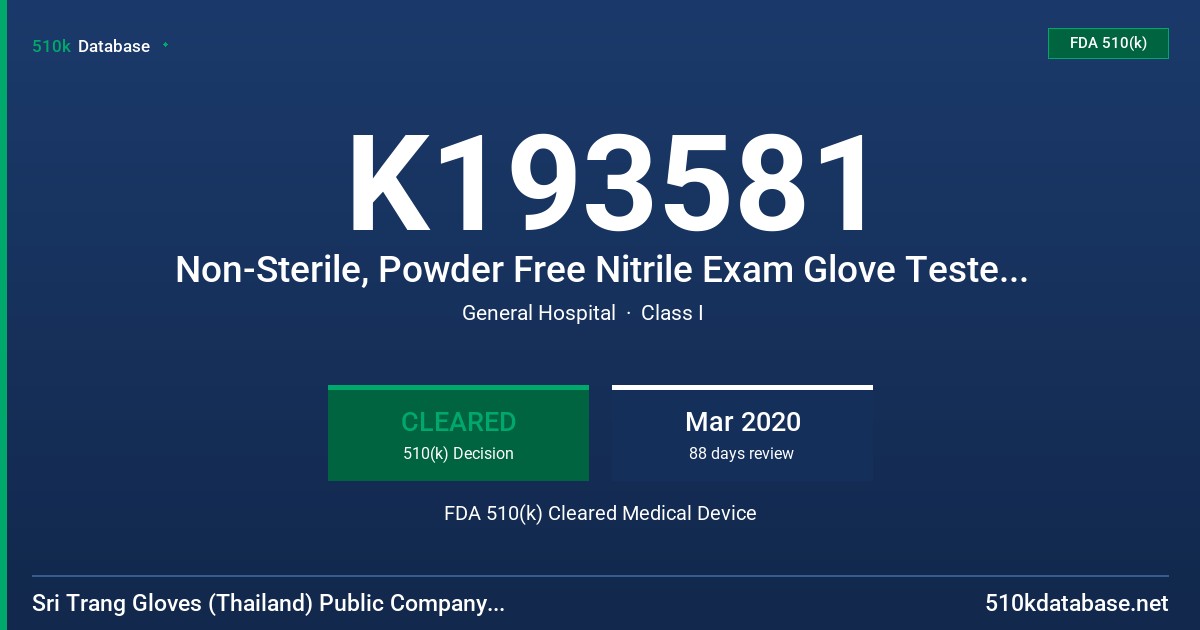 K193581 Non-Sterile, Powder Free Nitrile Exam Glove Tested for use with Chemotherapy Drugs - Lilac, Non-Sterile, Powder Free Nitrile Exam Glove Tested for use with Chemotherapy Drugs - Orchid, Non-Sterile, Powder Free Nitrile Exam Glove Tested for use with Chemotherapy Drugs - Oyster FDA 510(k) Cleared Medical Device