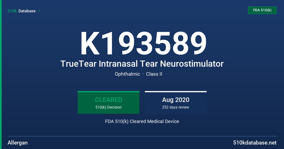 K193589 TrueTear Intranasal Tear Neurostimulator FDA 510(k) Cleared Medical Device