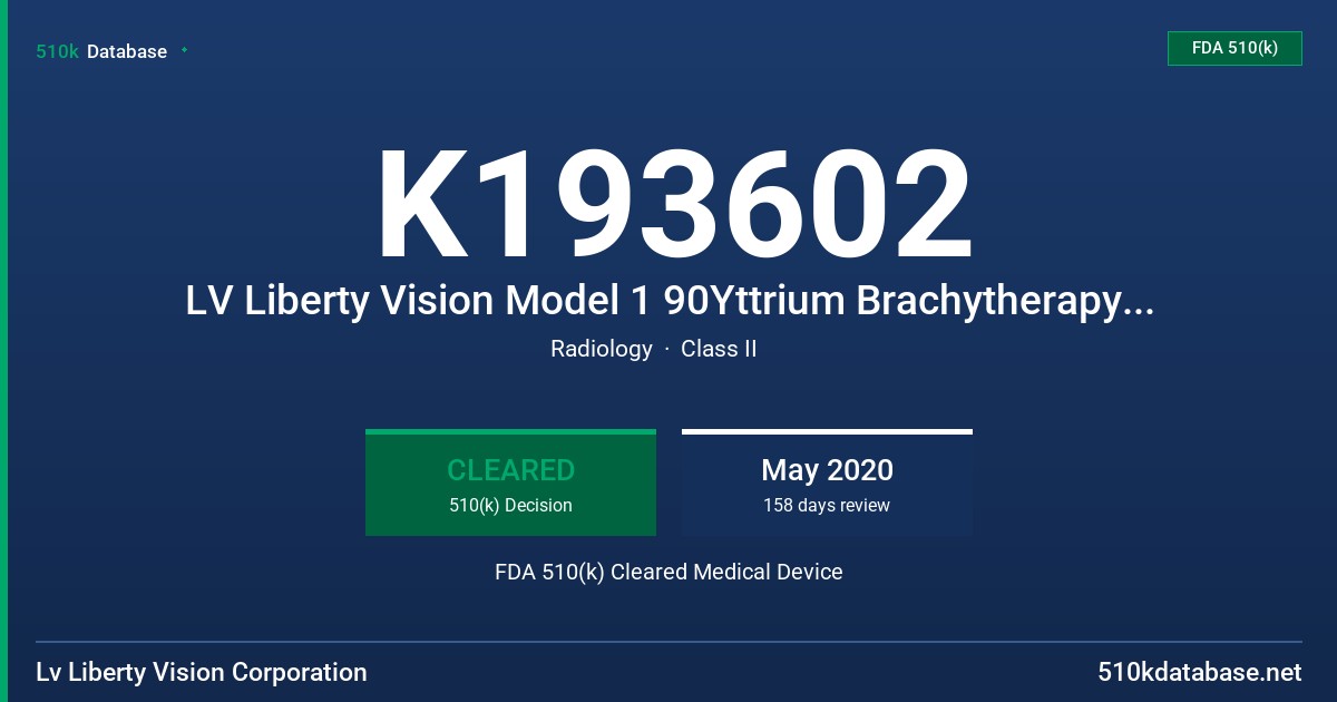 K193602 LV Liberty Vision Model 1 90Yttrium Brachytherapy Source FDA 510(k) Cleared Medical Device