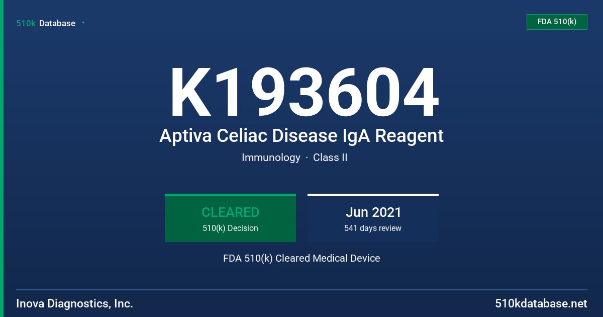 K193604 Aptiva Celiac Disease IgA Reagent FDA 510(k) Cleared Medical Device
