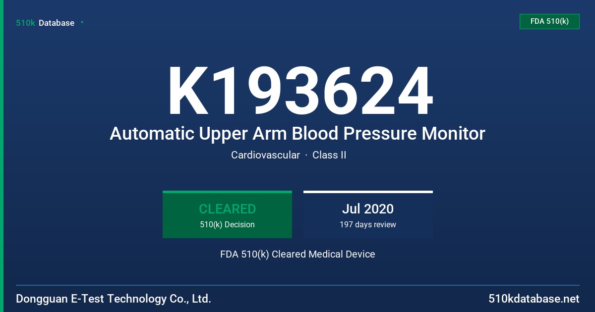 K193624 Automatic Upper Arm Blood Pressure Monitor FDA 510(k) Cleared Medical Device