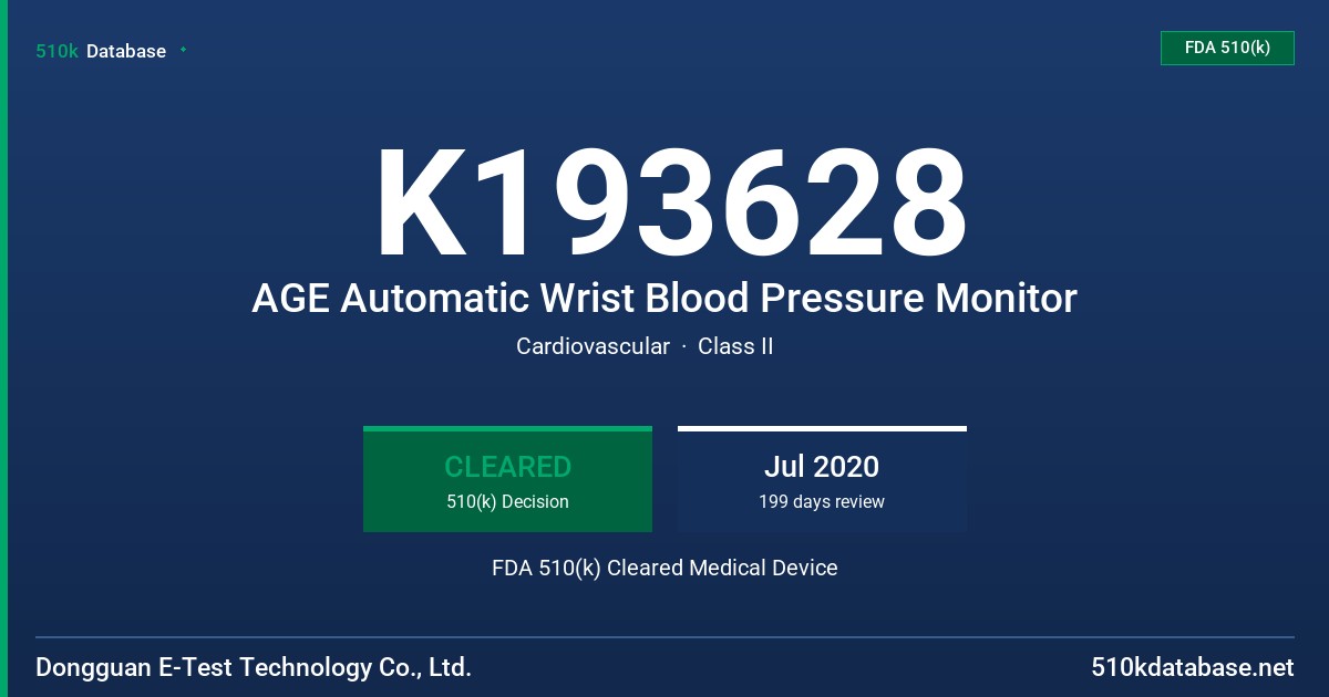 K193628 AGE Automatic Wrist Blood Pressure Monitor FDA 510(k) Cleared Medical Device
