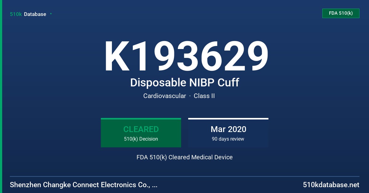 K193629 Disposable NIBP Cuff FDA 510(k) Cleared Medical Device