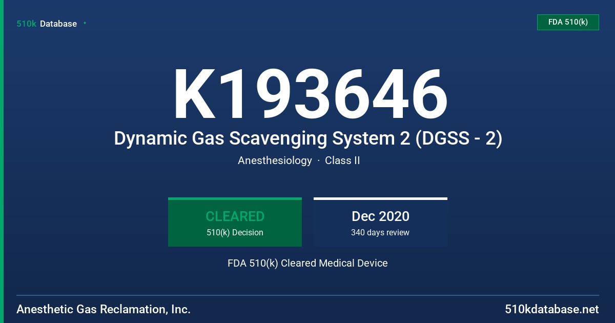 K193646 Dynamic Gas Scavenging System 2 (DGSS - 2) FDA 510(k) Cleared Medical Device