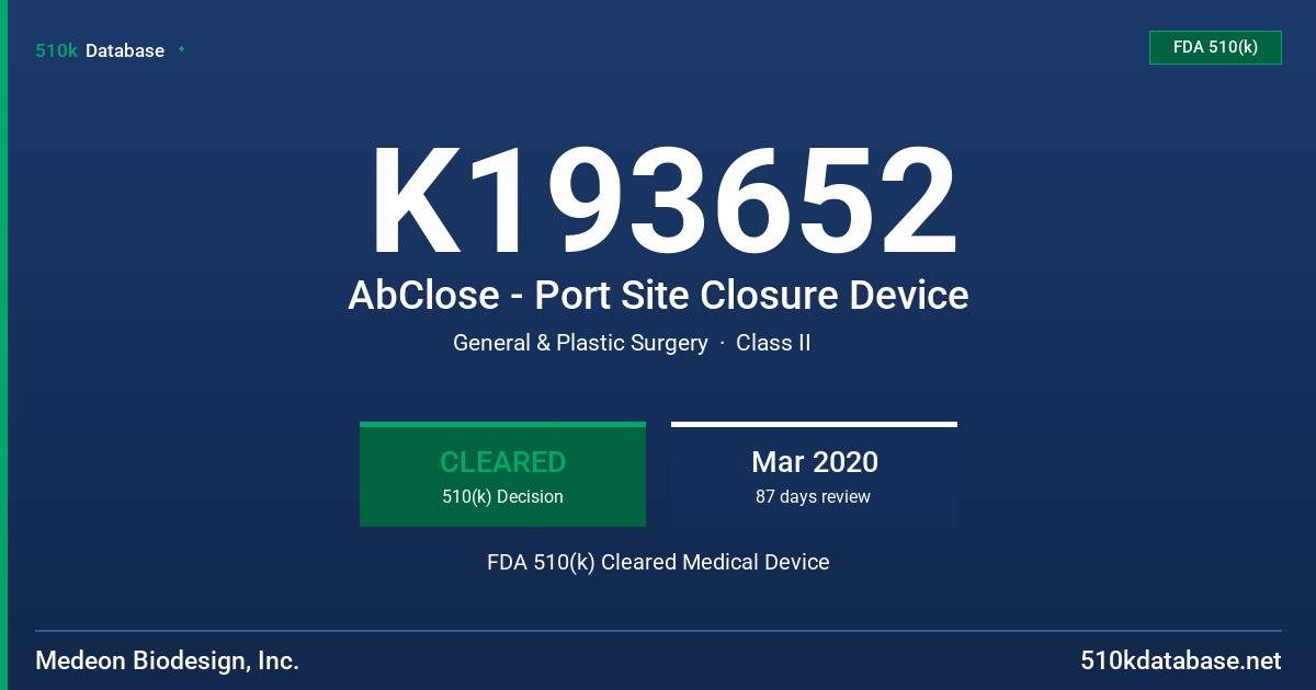 K193652 AbClose - Port Site Closure Device FDA 510(k) Cleared Medical Device