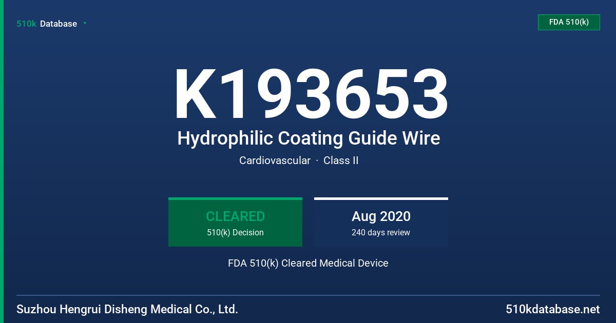 K193653 Hydrophilic Coating Guide Wire FDA 510(k) Cleared Medical Device
