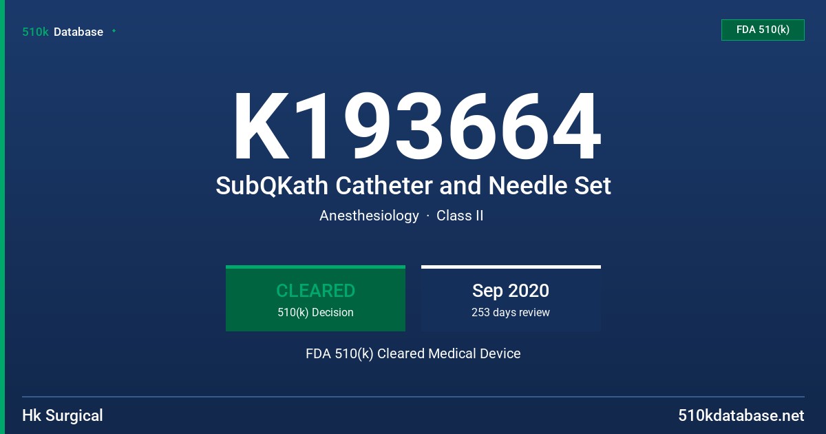 K193664 SubQKath Catheter and Needle Set FDA 510(k) Cleared Medical Device