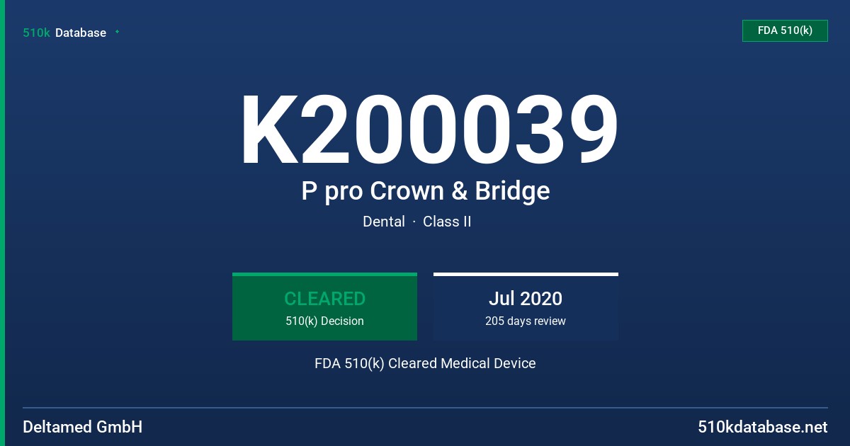 K200039 P pro Crown & Bridge FDA 510(k) Cleared Medical Device