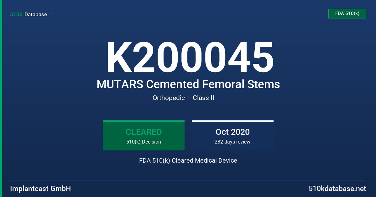 K200045 MUTARS Cemented Femoral Stems FDA 510(k) Cleared Medical Device