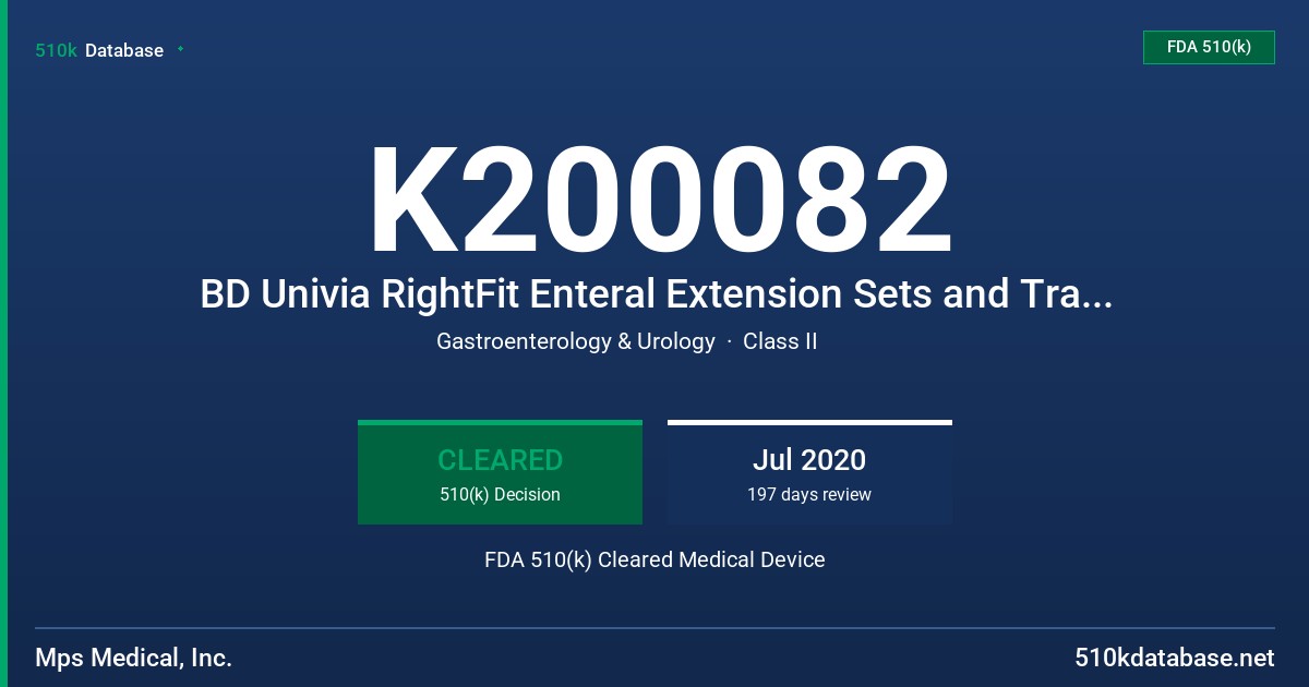K200082 BD Univia RightFit Enteral Extension Sets and Transitional Adapters FDA 510(k) Cleared Medical Device