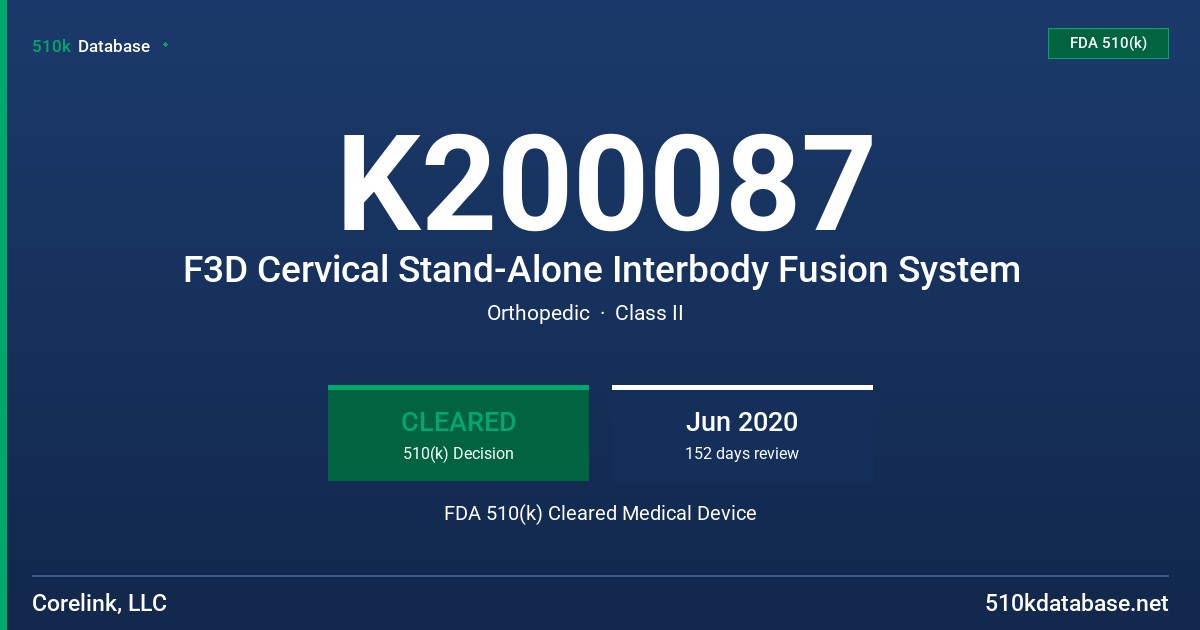 K200087 F3D Cervical Stand-Alone Interbody Fusion System FDA 510(k) Cleared Medical Device
