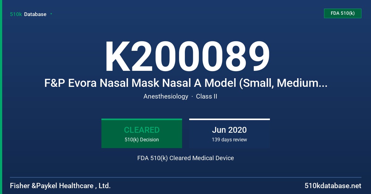 K200089 F&P Evora Nasal Mask Nasal A Model (Small, Medium, Large, Wide), F&P Evora Nasal Mask Nasal Fit Pack/ SML (Small/Medium/Large) A Model, F&P Evora Nasal Mask Nasal Sleep Lab (Small, Medium, Large, Wide), F&P Evora Nasal Mask Nasal Fit Pack / SML (Small/Medium/Large) Sleep Lab Model FDA 510(k) Cleared Medical Device