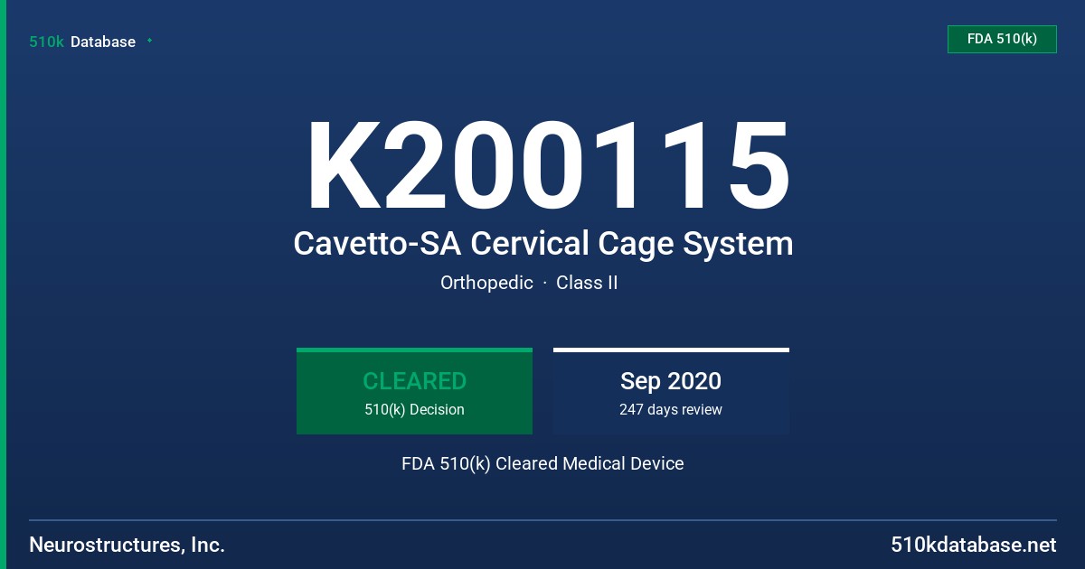K200115 Cavetto-SA Cervical Cage System FDA 510(k) Cleared Medical Device