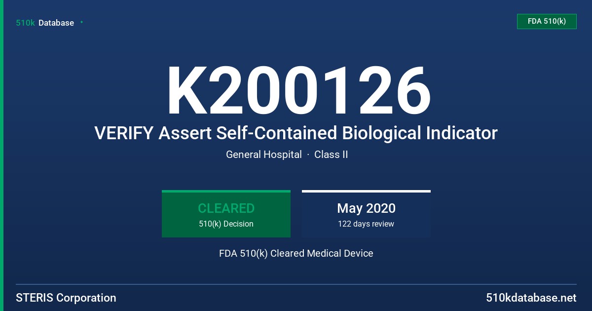 K200126 VERIFY Assert Self-Contained Biological Indicator FDA 510(k) Cleared Medical Device